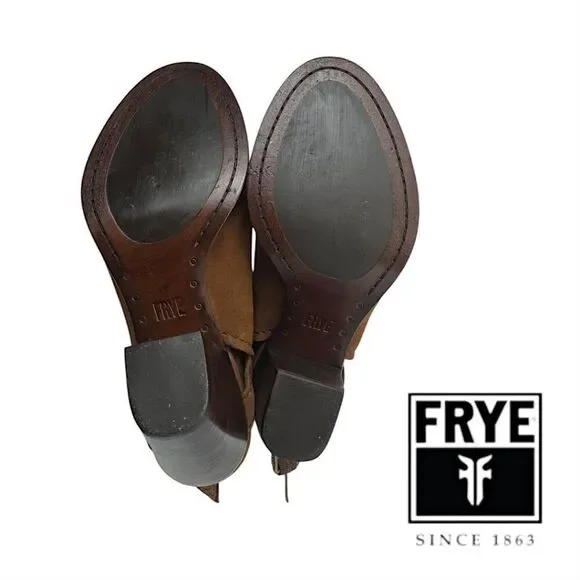 FRYE Dani Shield Slingback Mule Sandals Brown Khaki Suede Peep-Toe 7.5M EUC+ - Picture 13 of 14